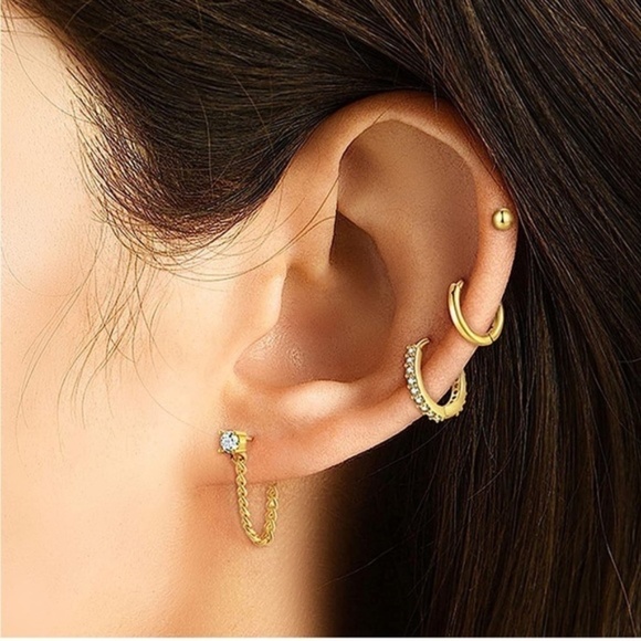 GOLD 14k Gold Plated Hoop Stud 4 Pairs Earring Set - Picture 1 of 2
